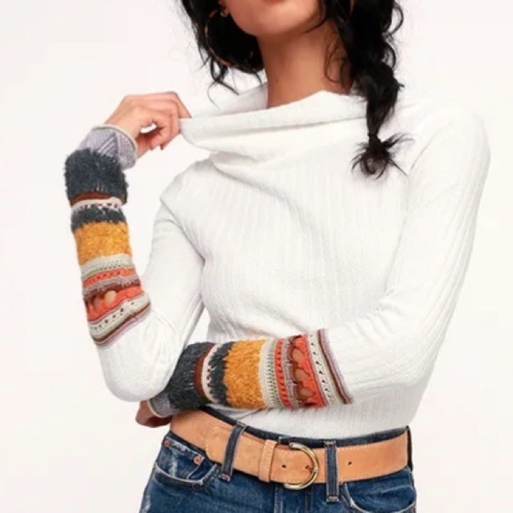Free People White Long Sleeve Sweater Tee with Multicolor Patterned Cuffs
